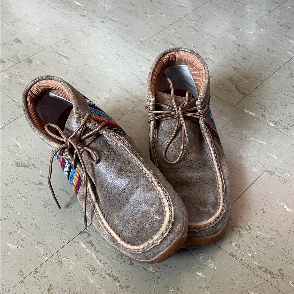 Leather Moccasin-Style Women’s Shoe in Brown with Multicolor Accent